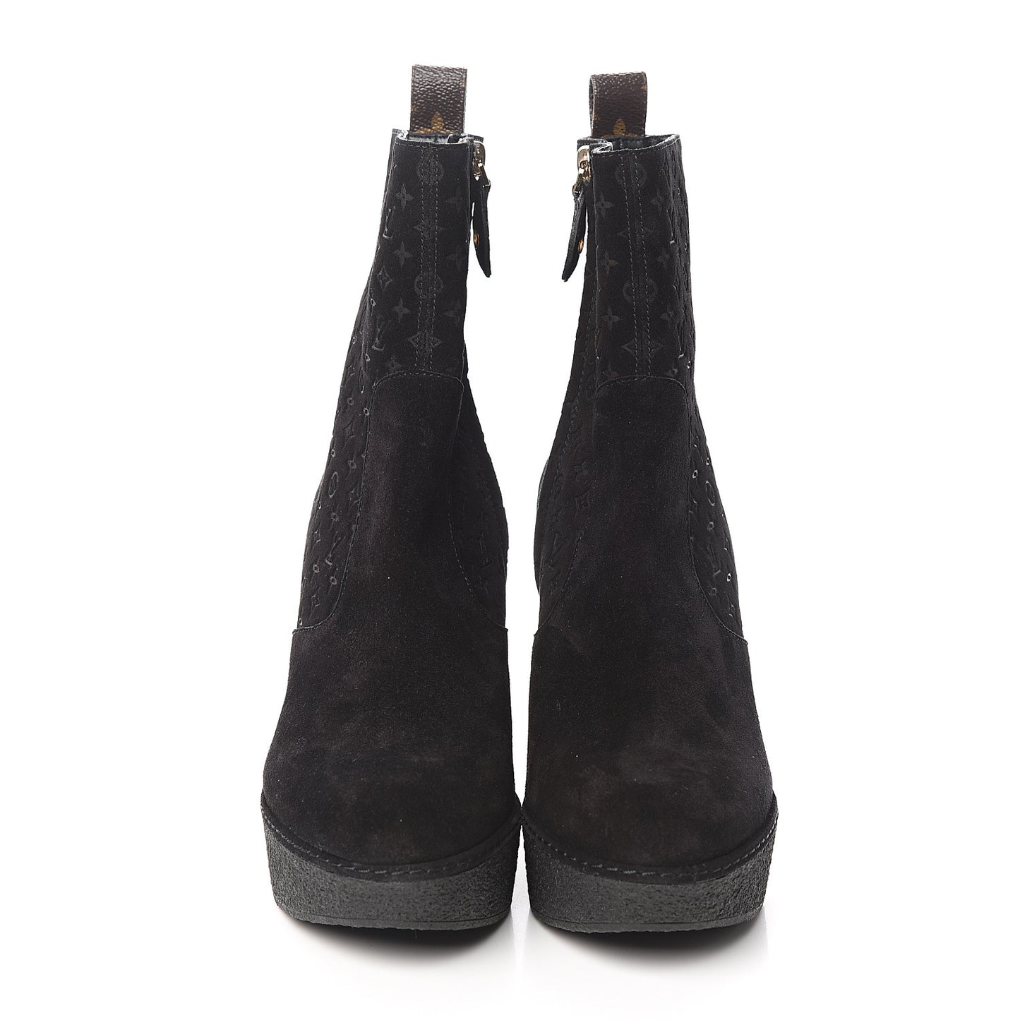 Monogram Embossed Suede Wedge Low Boots 38.5 Black