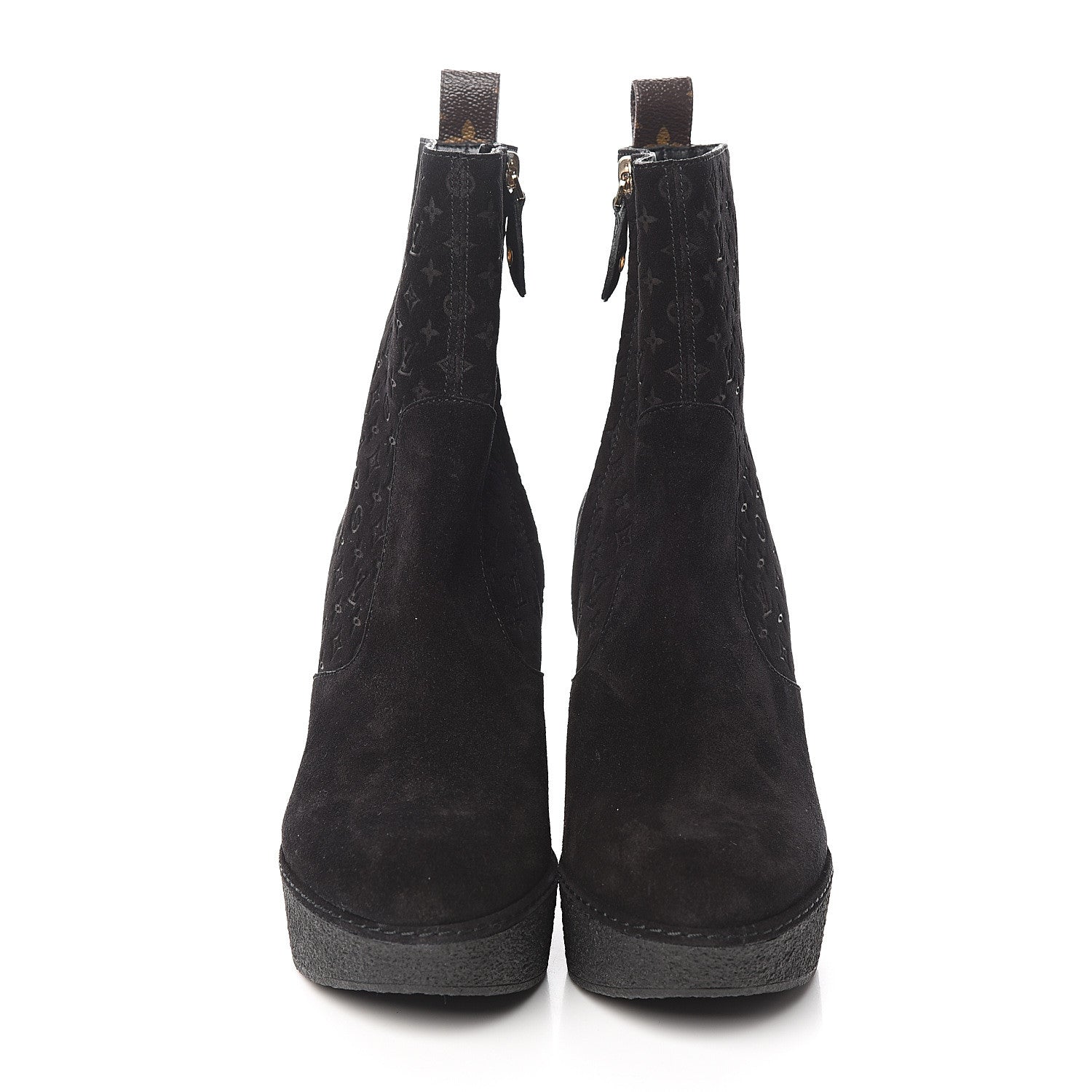 Louis Vuitton Monogram Embossed Suede Wedge Low Boots 38.5 Black 2 of 8