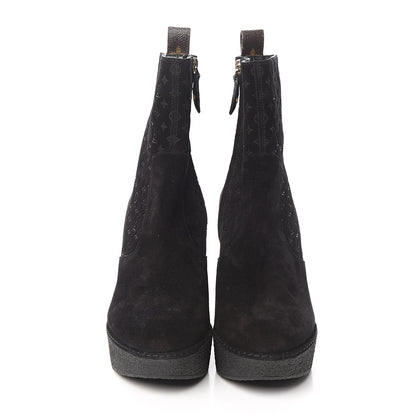 Louis Vuitton Monogram Embossed Suede Wedge Low Boots 38.5 Black 2 of 8