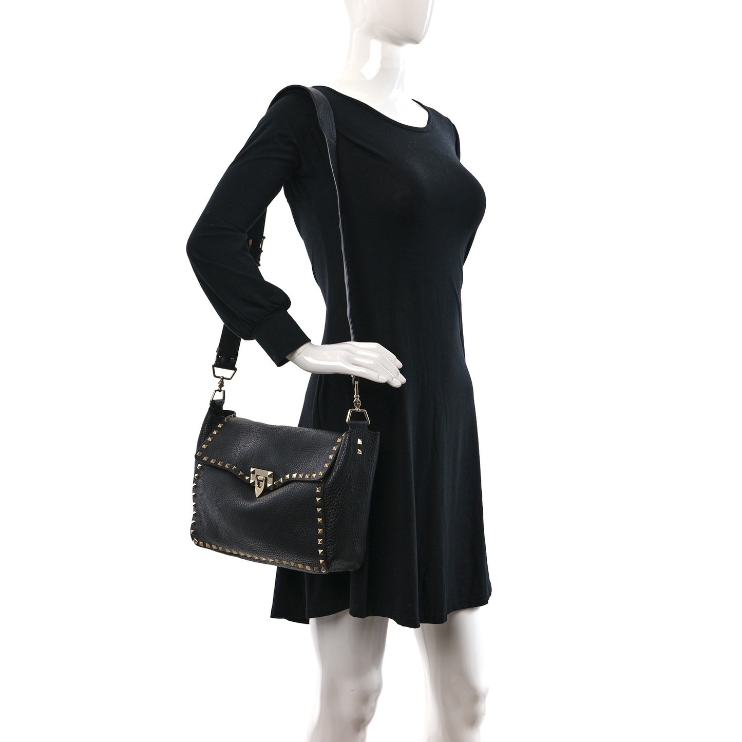 Pebbled Calfskin Rockstud Flip Lock Flap Messenger Satchel Black