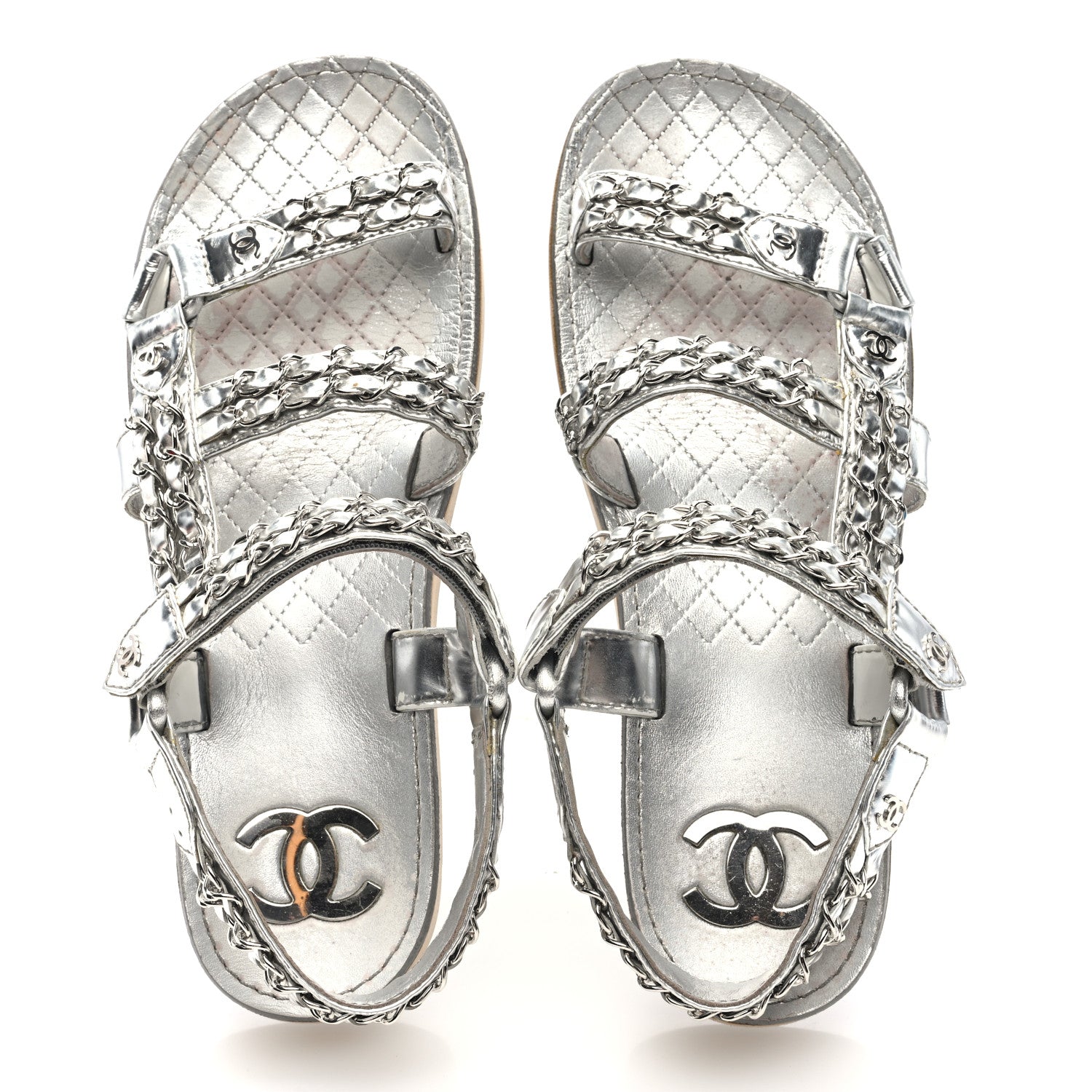 Chanel Metallic Laminated Goatskin Chain Flat Sandals 39 Silver