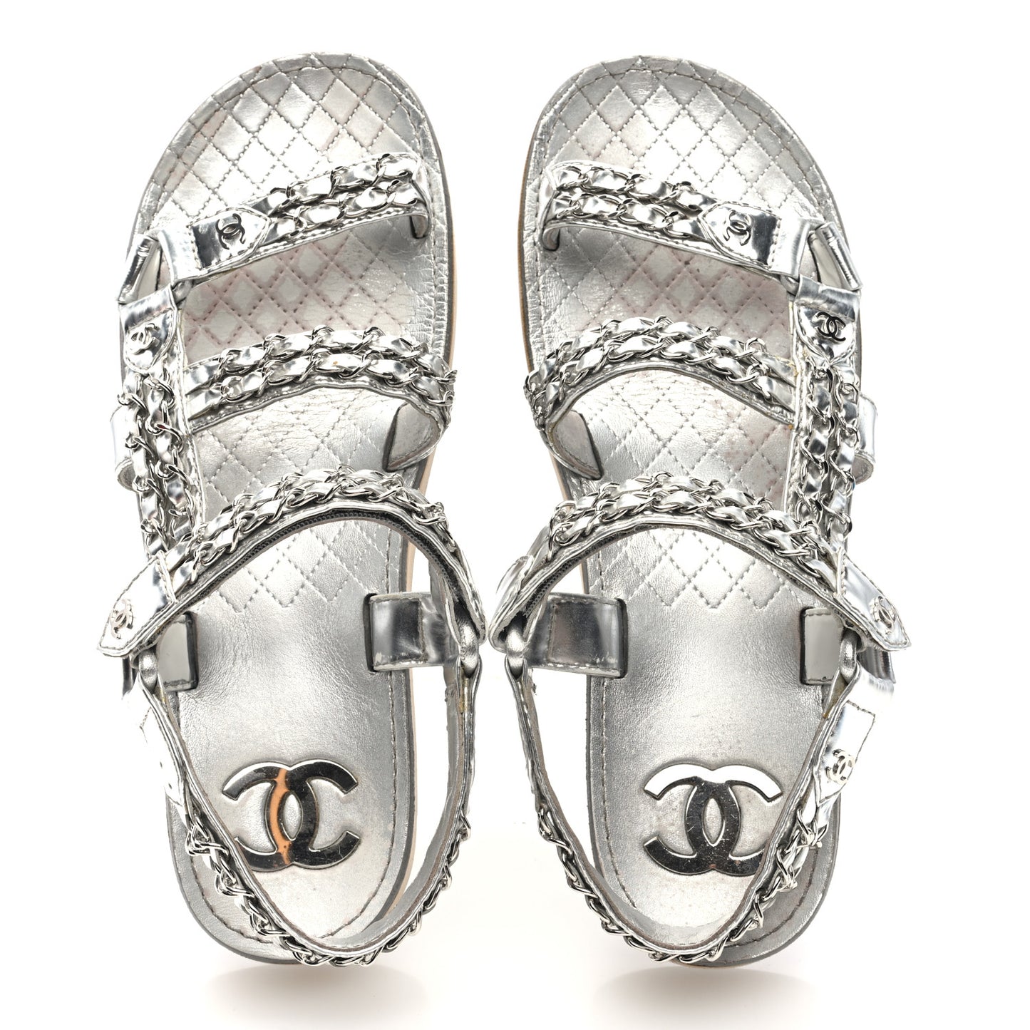 Metallic Laminated Goatskin Chain Flat Sandals 39 Silver