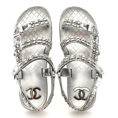 Chanel Metallic Laminated Goatskin Chain Flat Sandals 39 Silver 2 of 9