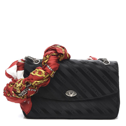 Balenciaga Nylon Jacquard Diagonal Logo Medium Scarf Lock Chain Shoulder Bag Black Red 1 of 9