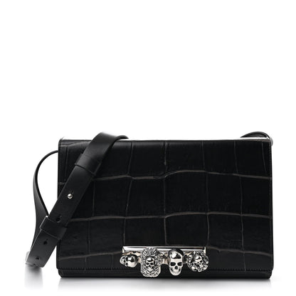 Alexander McQueen Crocodile Embossed Calfskin Four Ring Knuckle Crossbody Bag Black 1 of 10