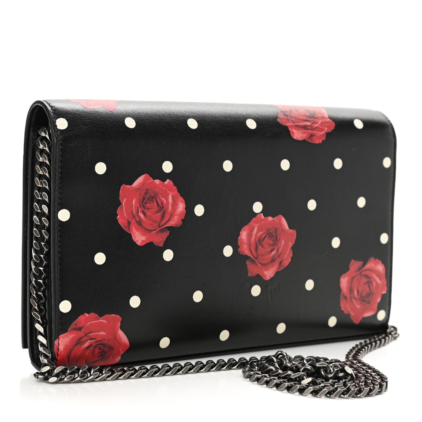 Calfskin Polka Dot Floral Print Monogram Chain Wallet Black