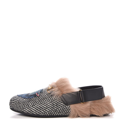Gucci Herringbone Fur Wolf Mens Horsebit River Slingback Slippers 7 Black White 1 of 11
