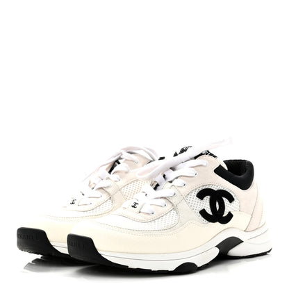 Chanel Mesh Suede Calfskin Grained Calfskin Womens CC Sneakers 38.5 White Black 4 of 9