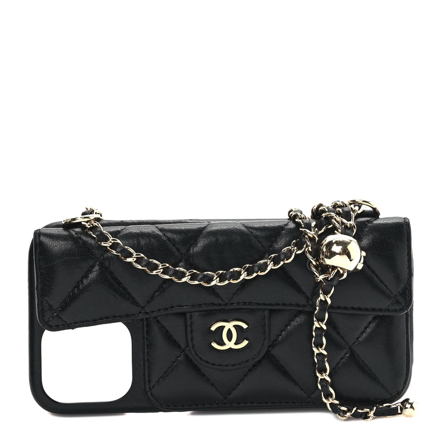 Lambskin Quilted Pearl Crush iPhone XII Pro Holder With Chain Black