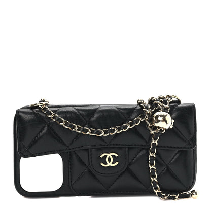 Chanel Lambskin Quilted Pearl Crush iPhone XII Pro Holder With Chain Black 1 of 6