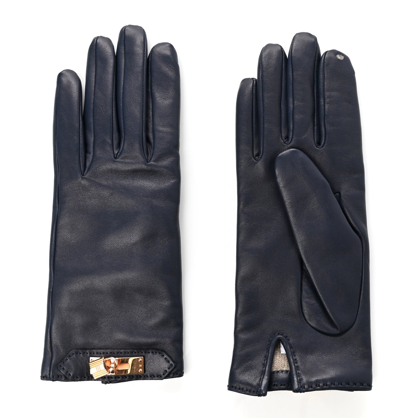 Lambskin Soya Kelly Lock Gloves 6.5 Navy