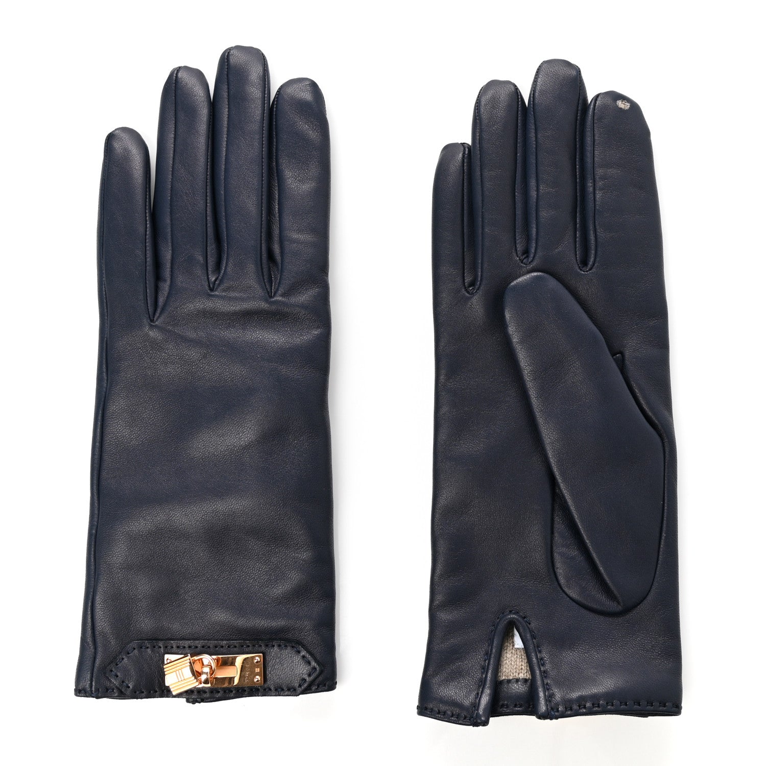 Hermes Lambskin Soya Kelly Lock Gloves 6.5 Navy 2 of 4