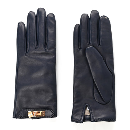 Hermes Lambskin Soya Kelly Lock Gloves 6.5 Navy 2 of 4