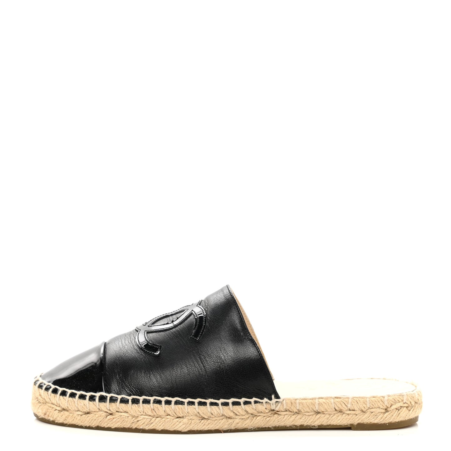Iridescent Goatskin Patent CC Espadrille Mules 39 Black