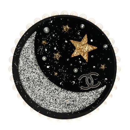 Chanel Glittered Resin Crystal Pearl CC Moon Pin Brooch Black Gold Silver 1 of 5