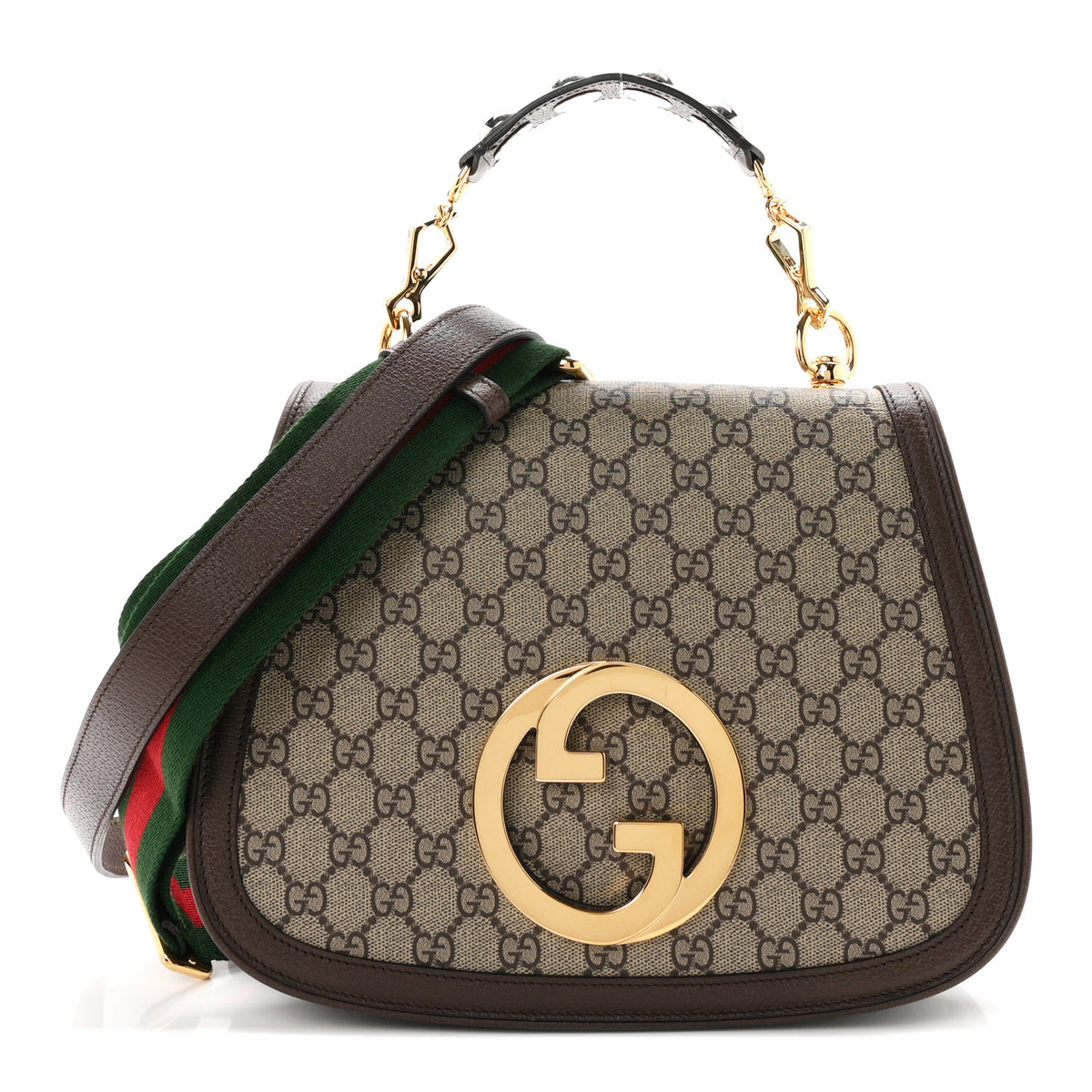 Gucci GG Supreme Monogram Textured Dollar Calfskin Web Medium Blondie Top Handle Shoulder Flap Bag Beige Ebony New Acero 1 of 10