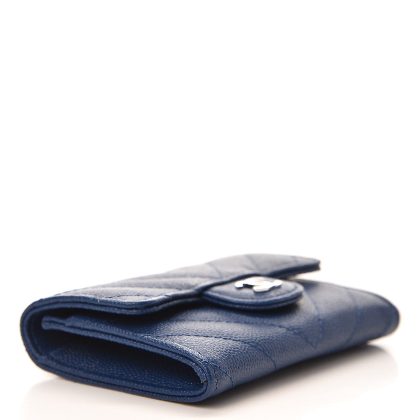 Caviar Chevron Quilted Card Holder Wallet Dark Blue