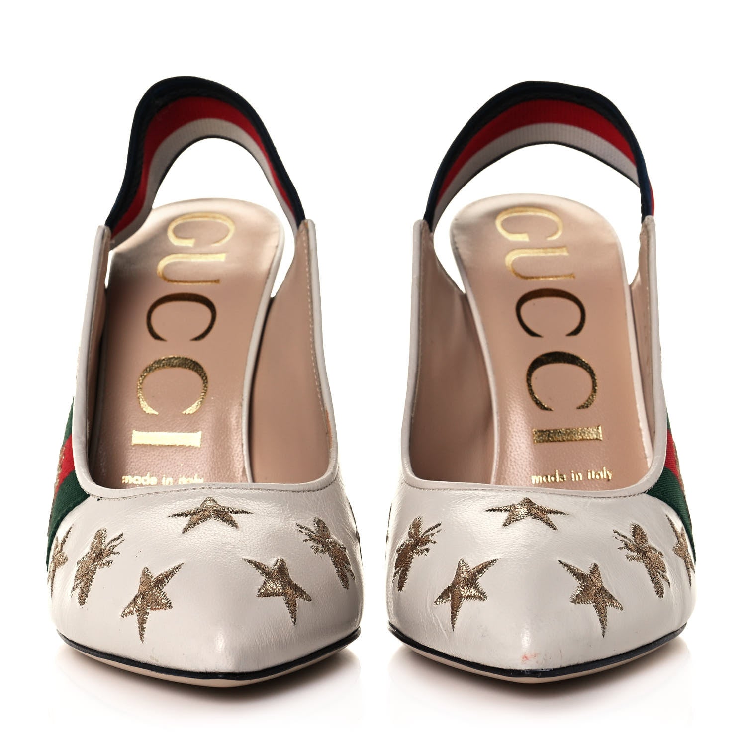 Gucci Malaga Kid Web Bee Star Embroidered Sylvie High Heel Slingback Pumps 37.5 White 2 of 10