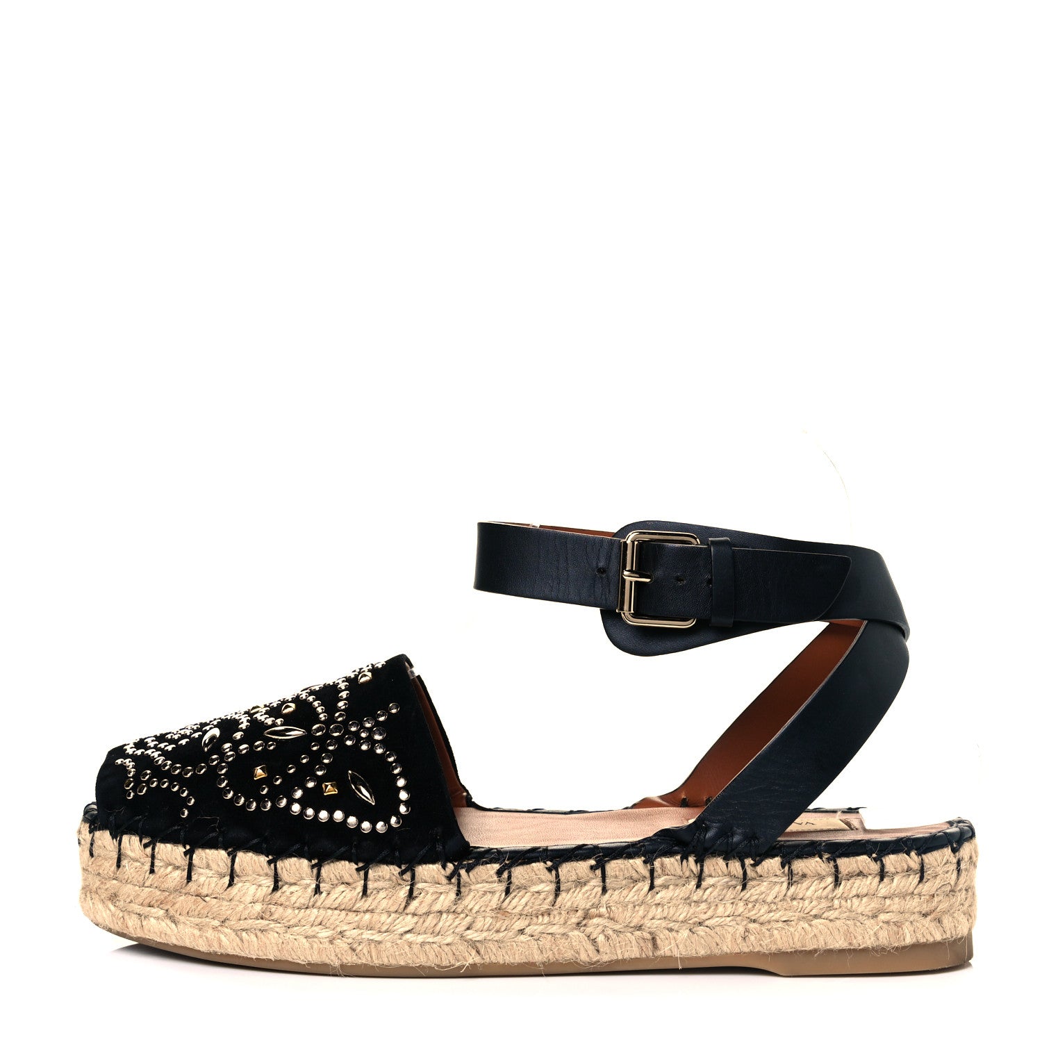 Valentino Garavani Suede Studded Peep Toe Ankle Wrap Flatform Espadrilles 38 Black 1 of 8