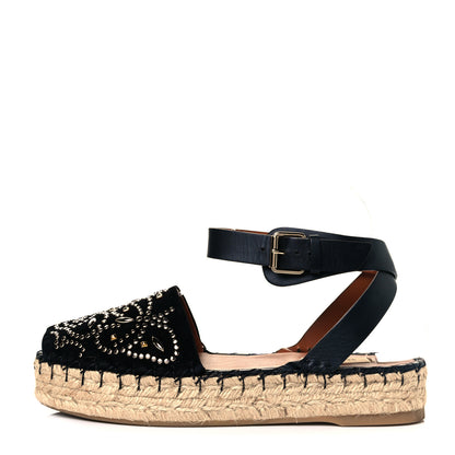 Valentino Garavani Suede Studded Peep Toe Ankle Wrap Flatform Espadrilles 38 Black 1 of 8