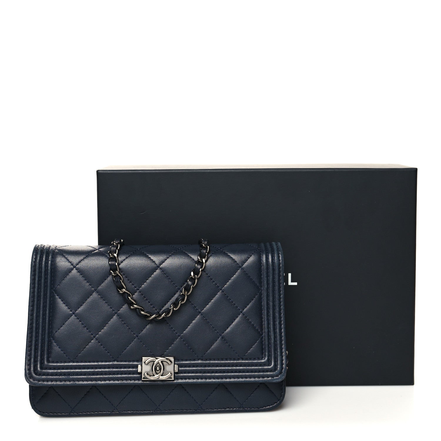 Chanel Lambskin Quilted Boy Wallet On Chain WOC Navy Blue 16 of 16