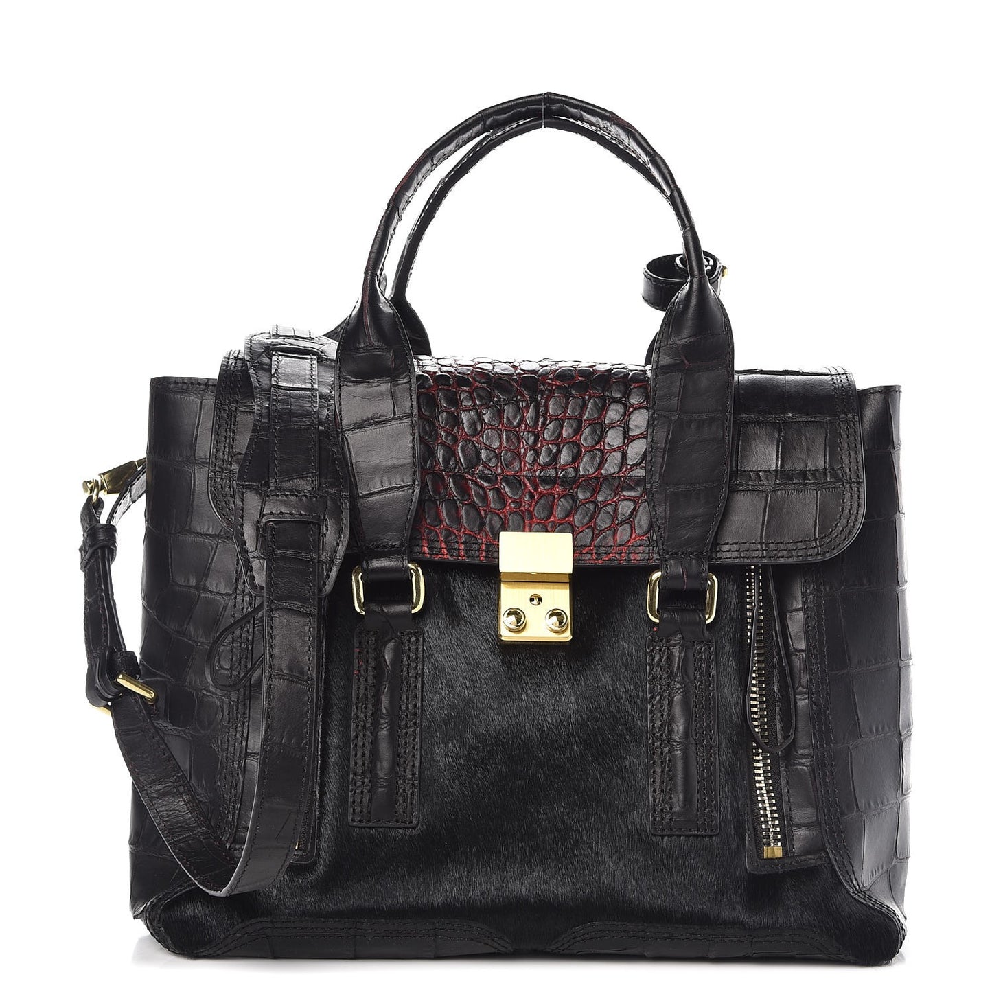 3.1 Calf Hair Calfskin Crocodile Embossed Medium Pashli Satchel Antique Red Black