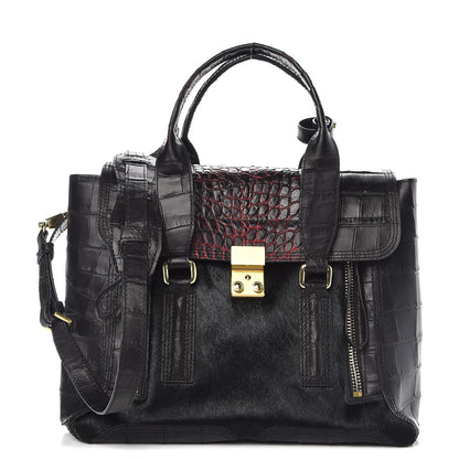 3.1 Phillip Lim 3.1 Calf Hair Calfskin Crocodile Embossed Medium Pashli Satchel Antique Red Black 1 of 10
