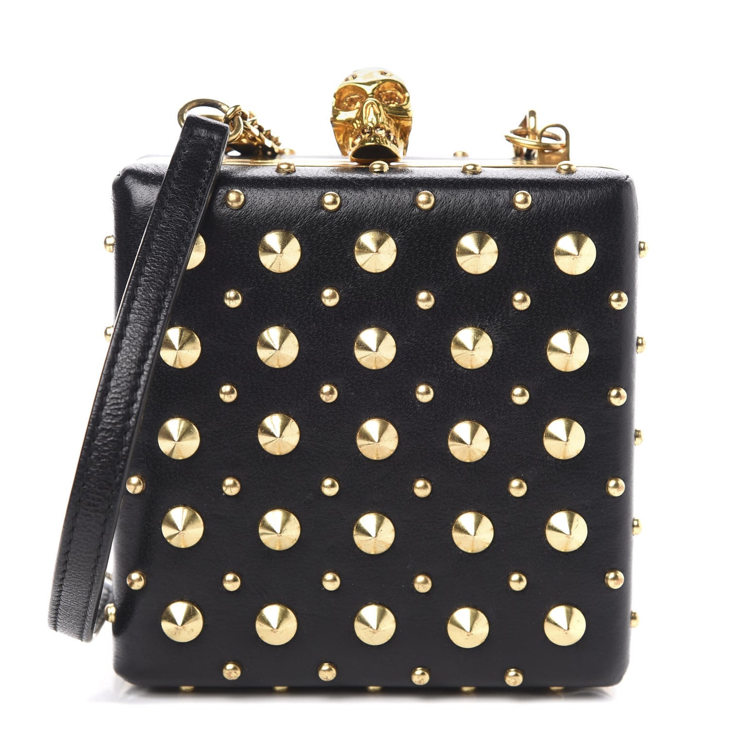 Nappa Studded Skull Box Chain Clutch Black Gold