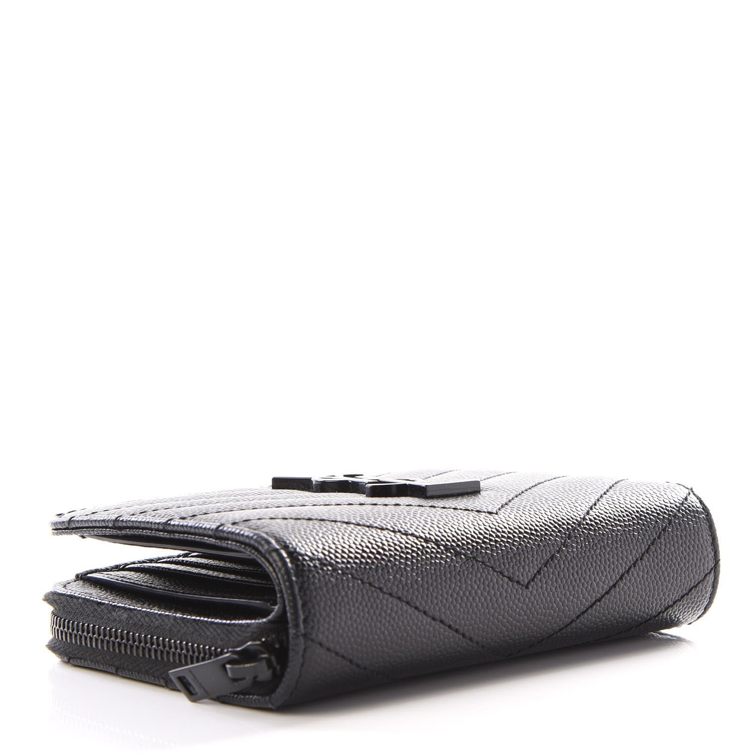 Saint Laurent Grain De Poudre Matelasse Chevron Monogram Compact Zip Around Wallet Black 3 of 10
