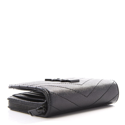 Saint Laurent Grain De Poudre Matelasse Chevron Monogram Compact Zip Around Wallet Black 3 of 10