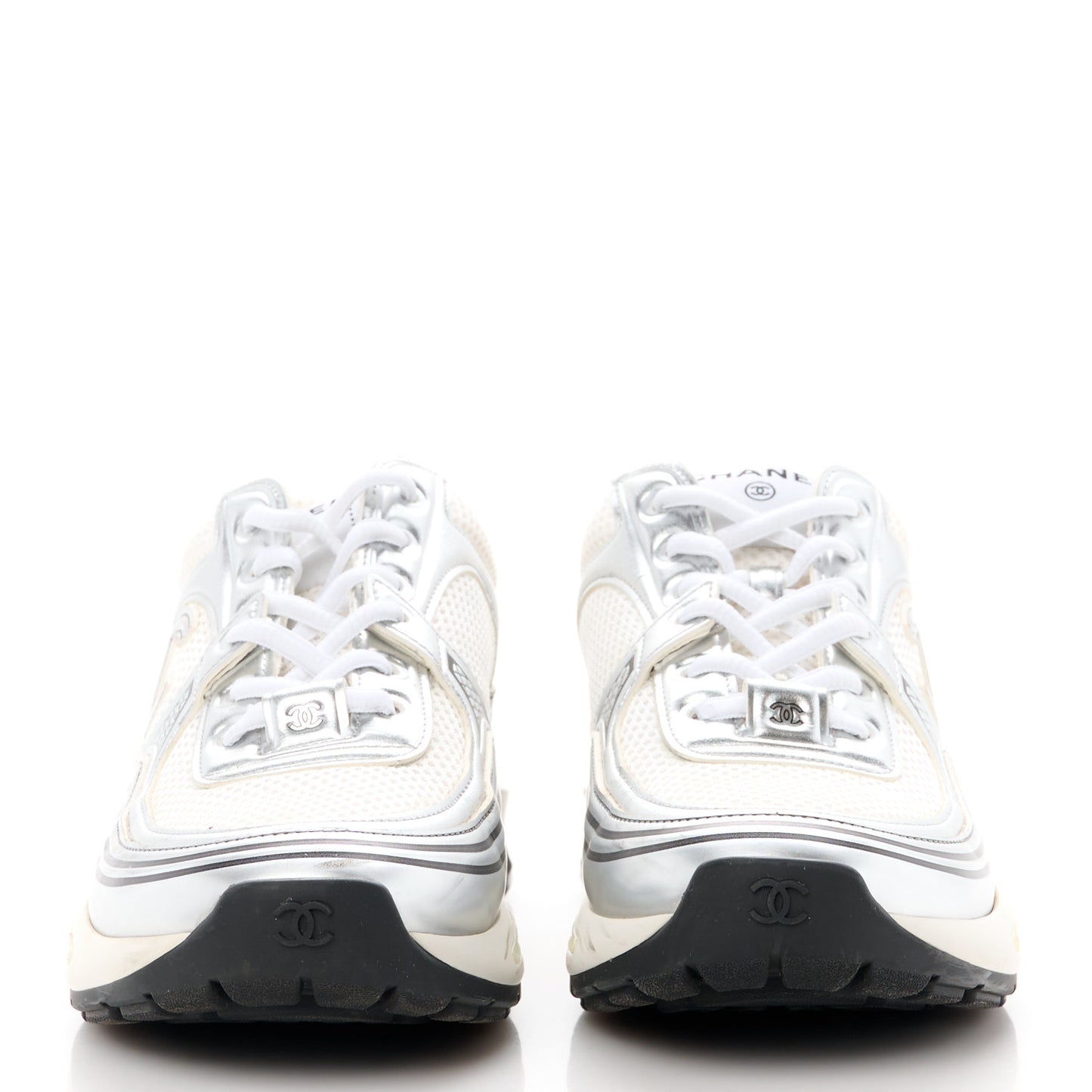 Fabric Laminated Calfskin Stretch CC Womens Sneakers 38 White Silver