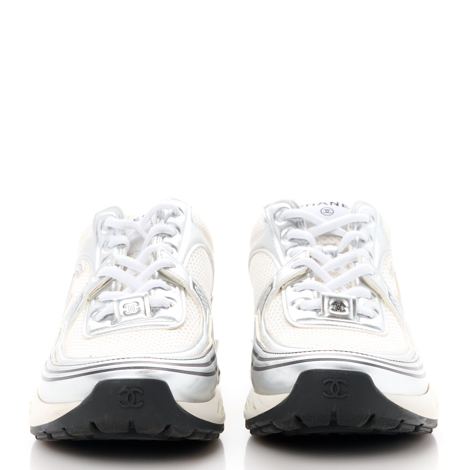 Chanel Fabric Laminated Calfskin Stretch CC Womens Sneakers 38 White Silver 2 of 9