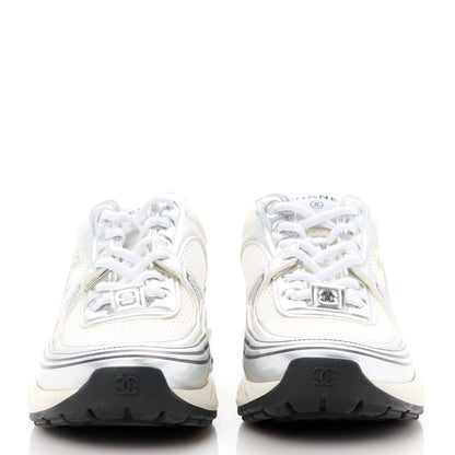 Chanel Fabric Laminated Calfskin Stretch CC Womens Sneakers 38 White Silver 2 of 9