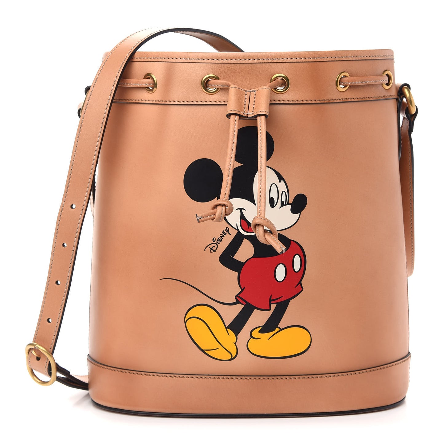 X DISNEY Calfskin Mickey Mouse Printed Bucket Bag Brown