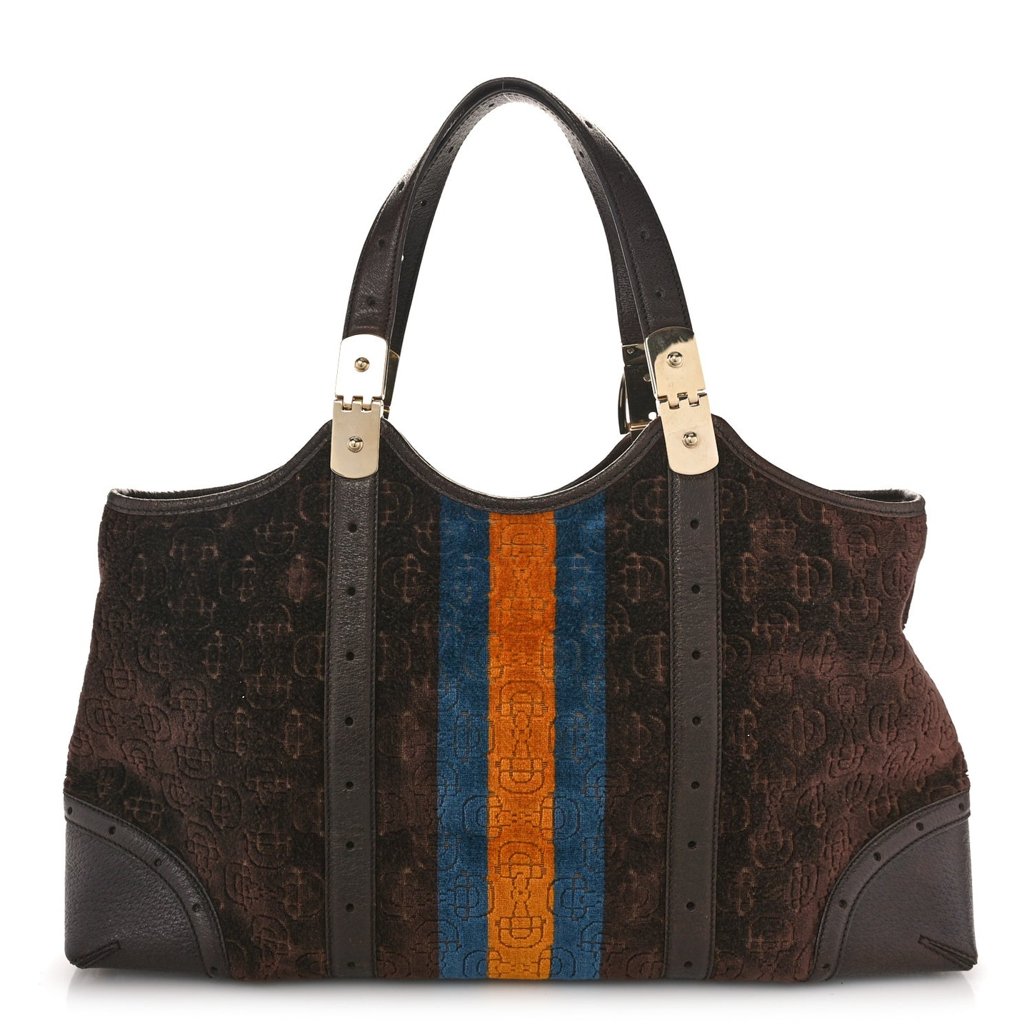 Velvet Horsebit Embossed Large Glam Shoulder Bag Brown Multicolor