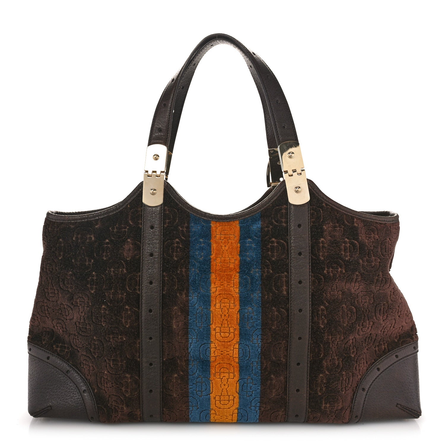 Gucci Velvet Horsebit Embossed Large Glam Shoulder Bag Brown Multicolor 1 of 11