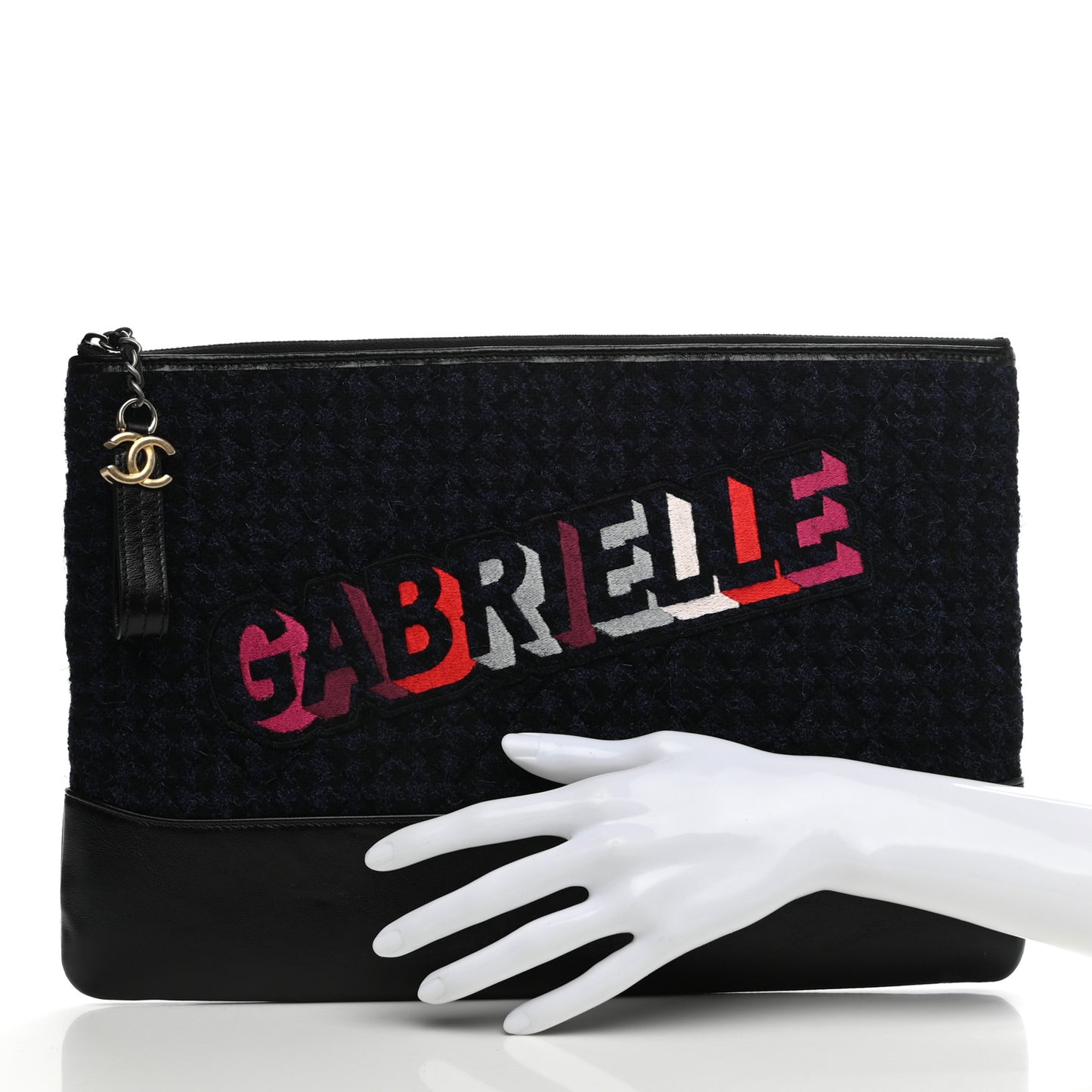 Tweed Calfskin Quilted Gabrielle Pouch Clutch Navy