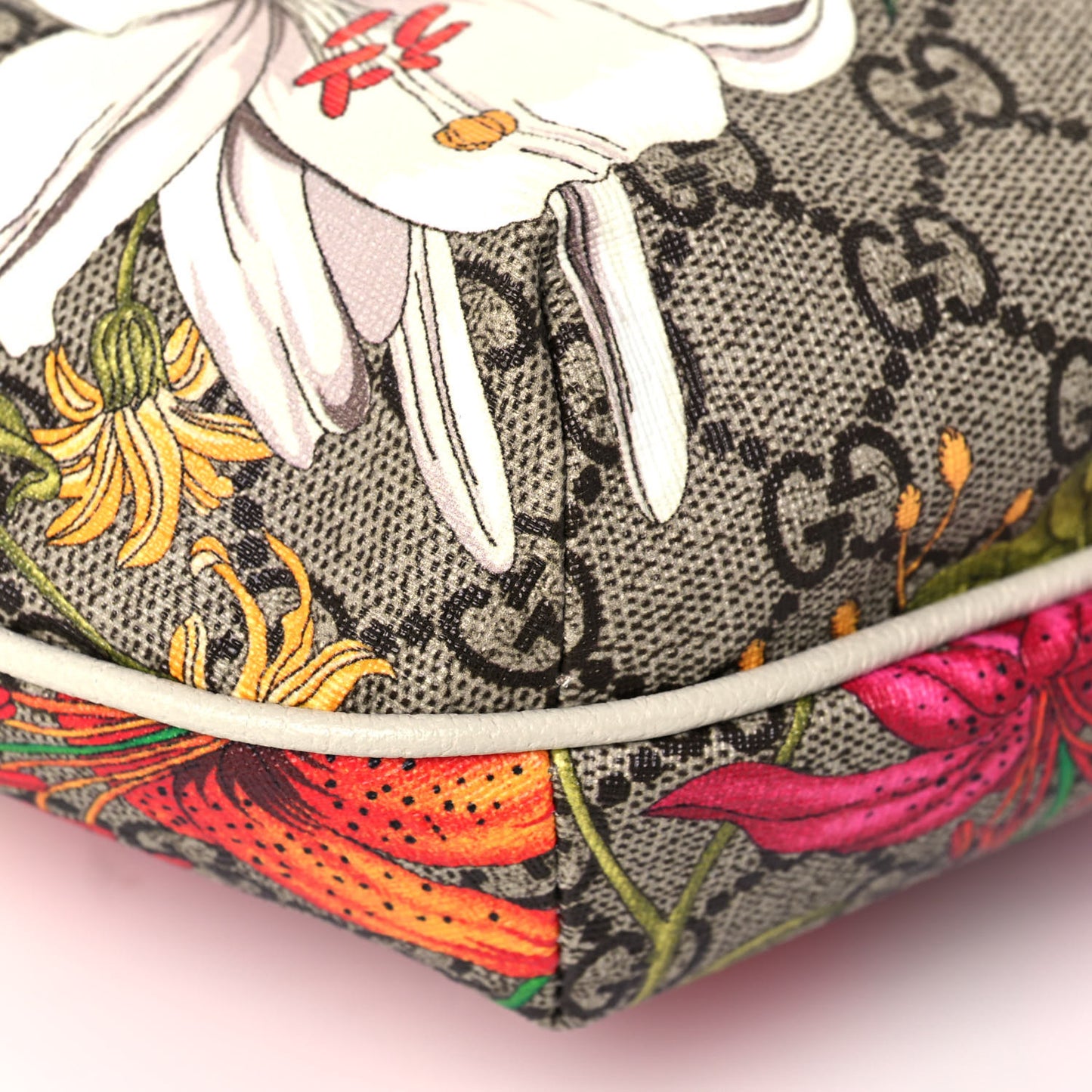 GG Supreme Monogram Flora Web Small Ophidia Half Moon Hobo White