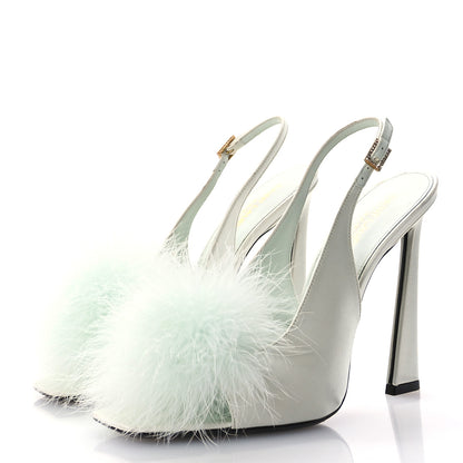 Saint Laurent Crepe Satin Blanco Feathered Sandals Slight 38 Green 4 of 10