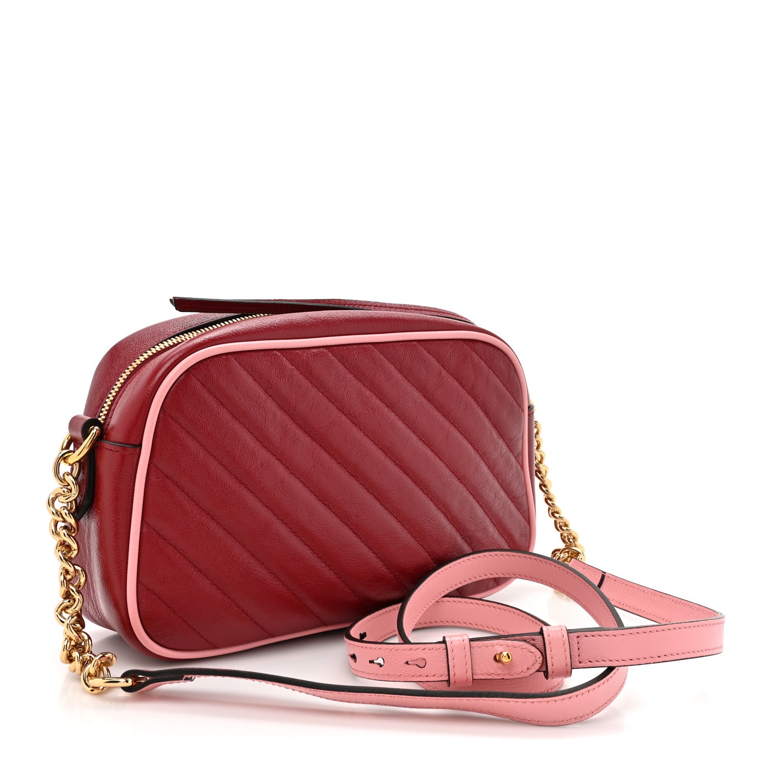 Gucci Azalea Calfskin Enamel Matelasse Diagonal Small Torchon GG Marmont Chain Shoulder Bag New Cherry Red Wild Rose 3 of 10