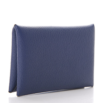 Hermes Chevre Mysore Embossed Calvi Card Case Bleu Brighton 3 of 8