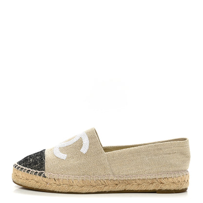 Chanel Toile Sequin CC Espadrilles 38 Beige Black 1 of 10