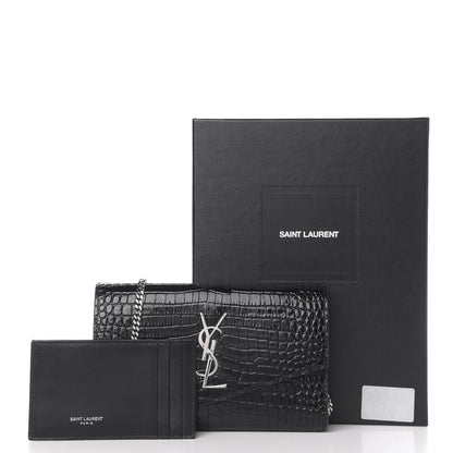 Saint Laurent Calfskin Crocodile Embossed Monogram Uptown Chain Wallet Black 9 of 9