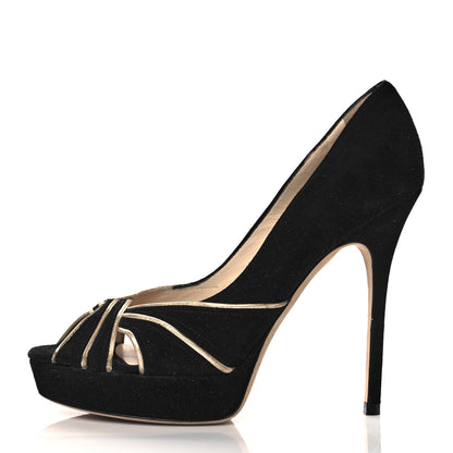 Jimmy Choo Suede Kilda Peep Toe Pumps 37.5 Black Gold 1 of 8