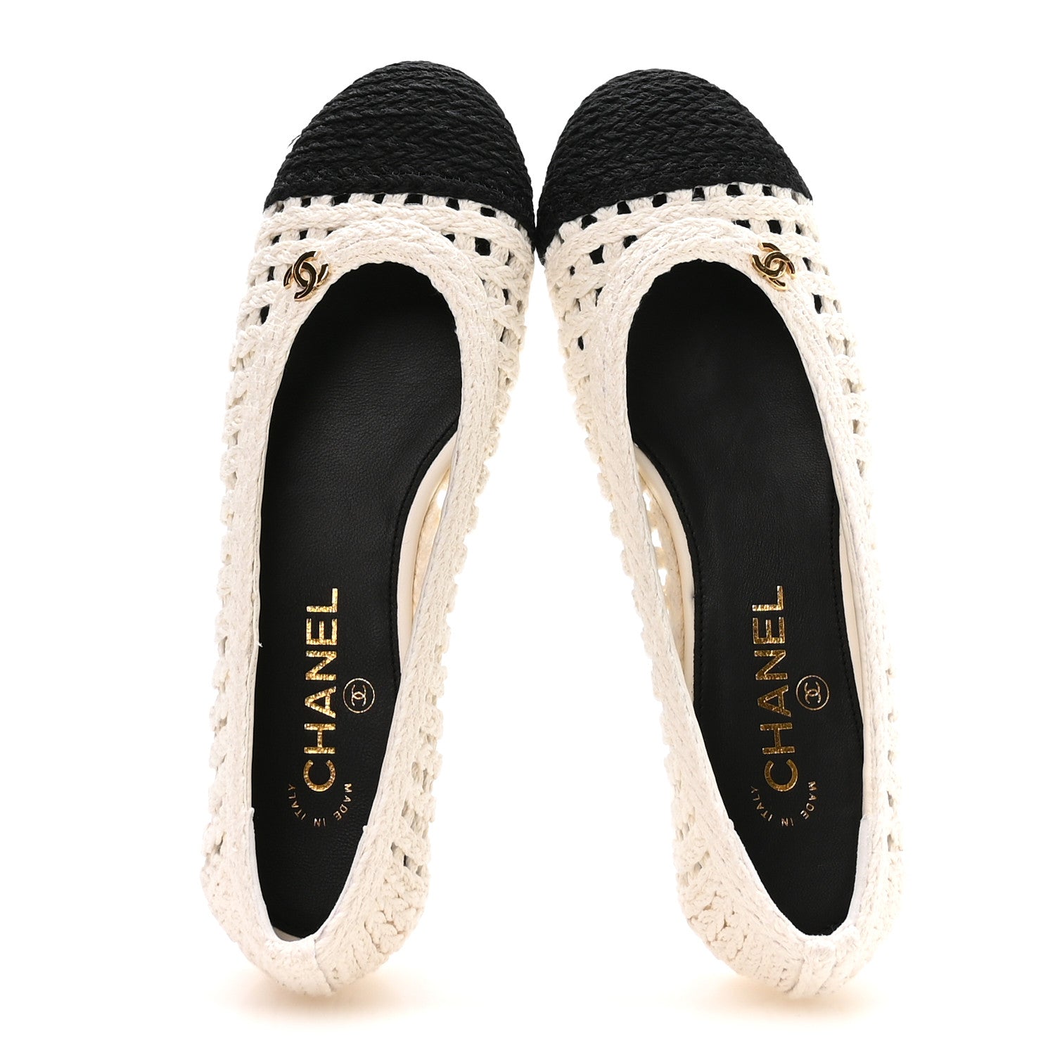 Chanel Mesh Crochet Cap Toe Ballerina Flats 39.5 White Black 2 of 8