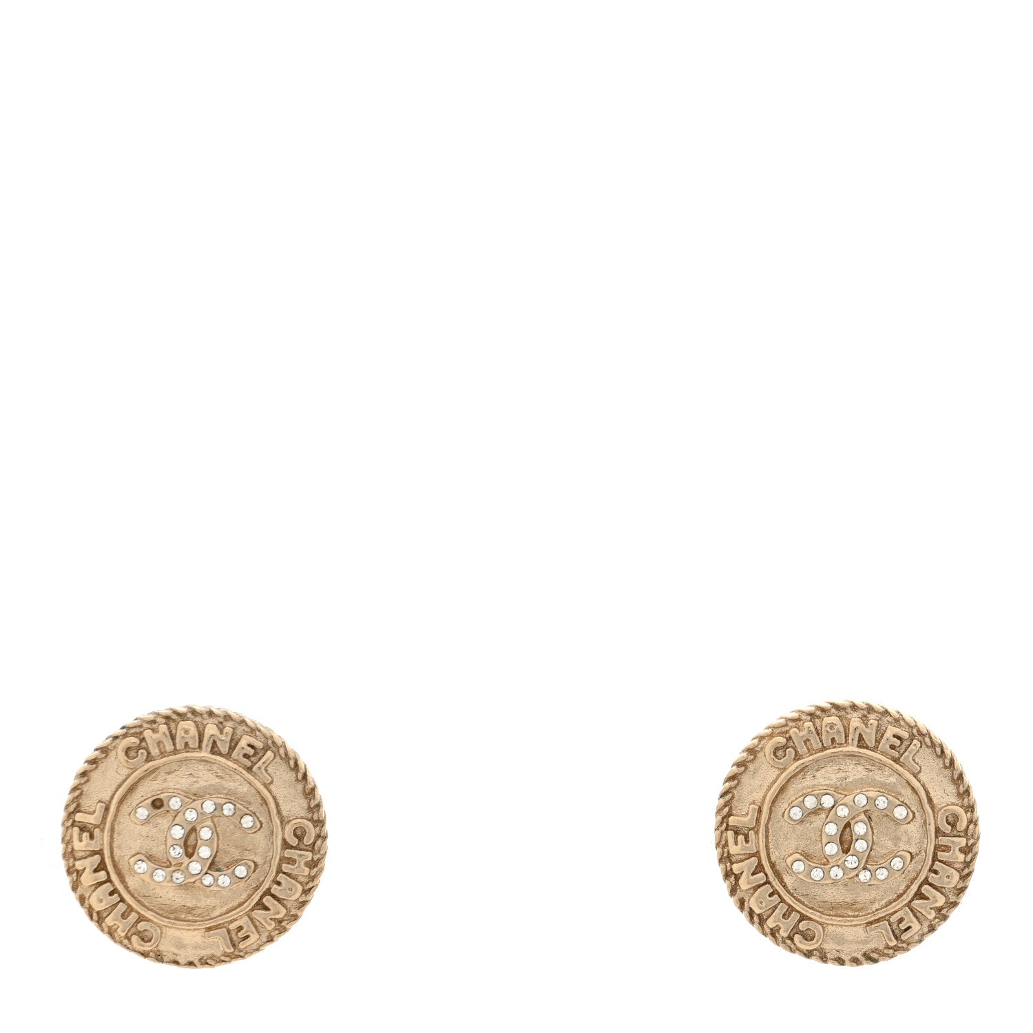 Chanel Metal Crystal CC Medallion Round Earrings Gold 1 of 5