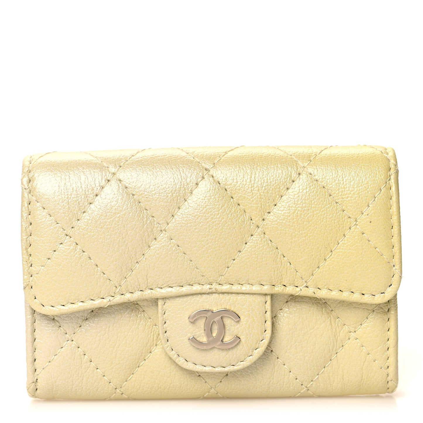 Cloudy Pearly Goatskin Quilted Flap Card Holder Wallet Light Yellow