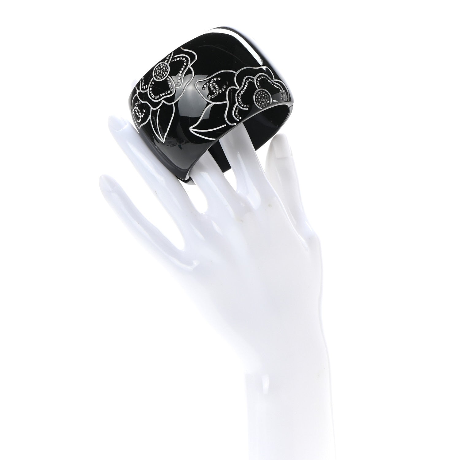 Chanel Resin Crystal Camellia CC Cuff Bracelet Black Silver 2 of 4