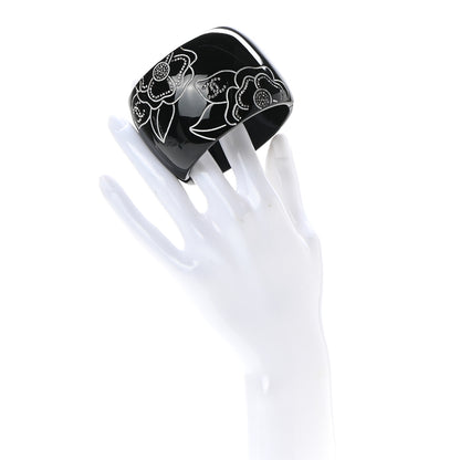 Chanel Resin Crystal Camellia CC Cuff Bracelet Black Silver 2 of 4