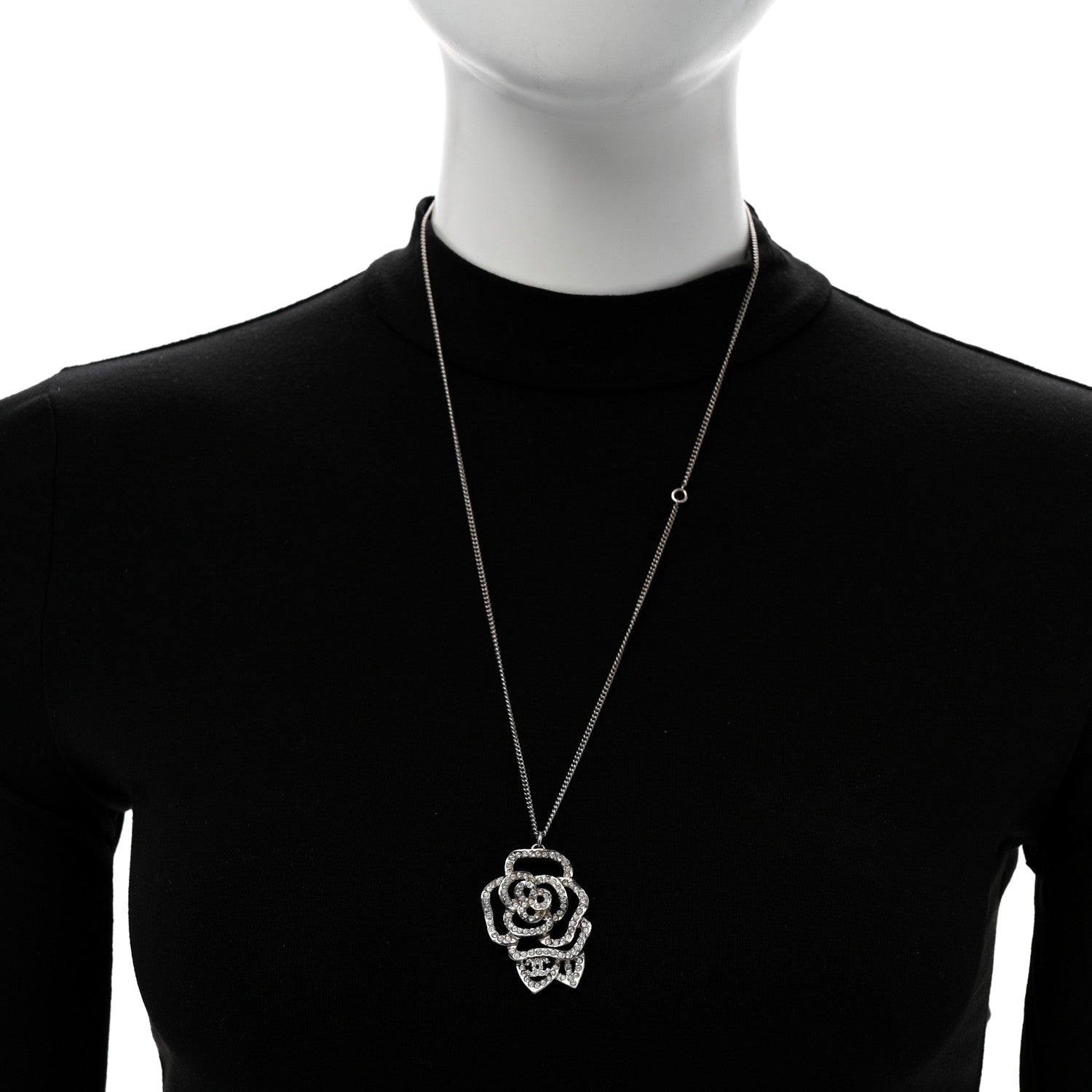 Chanel Crystal CC Camellia Necklace Silver 2 of 6